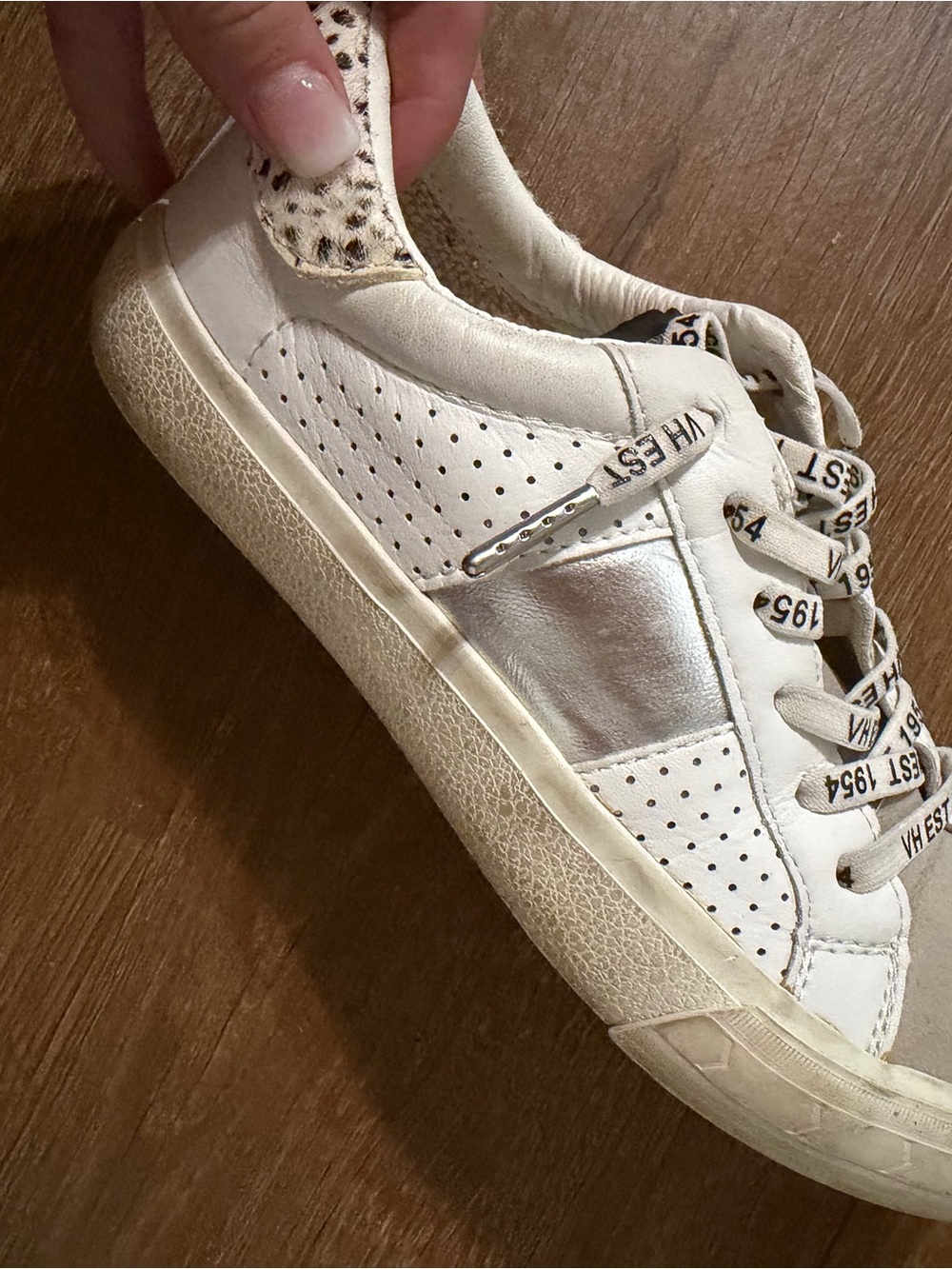 Vintage Havana White Leather Sneaker with Metallic Silver Panel and Leopard Heel